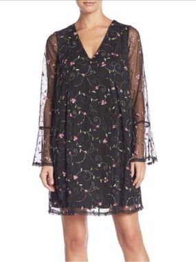 BGBGeneration NEW Black Pink Floral Embroidered Long Sleeve Sheath Dress Small